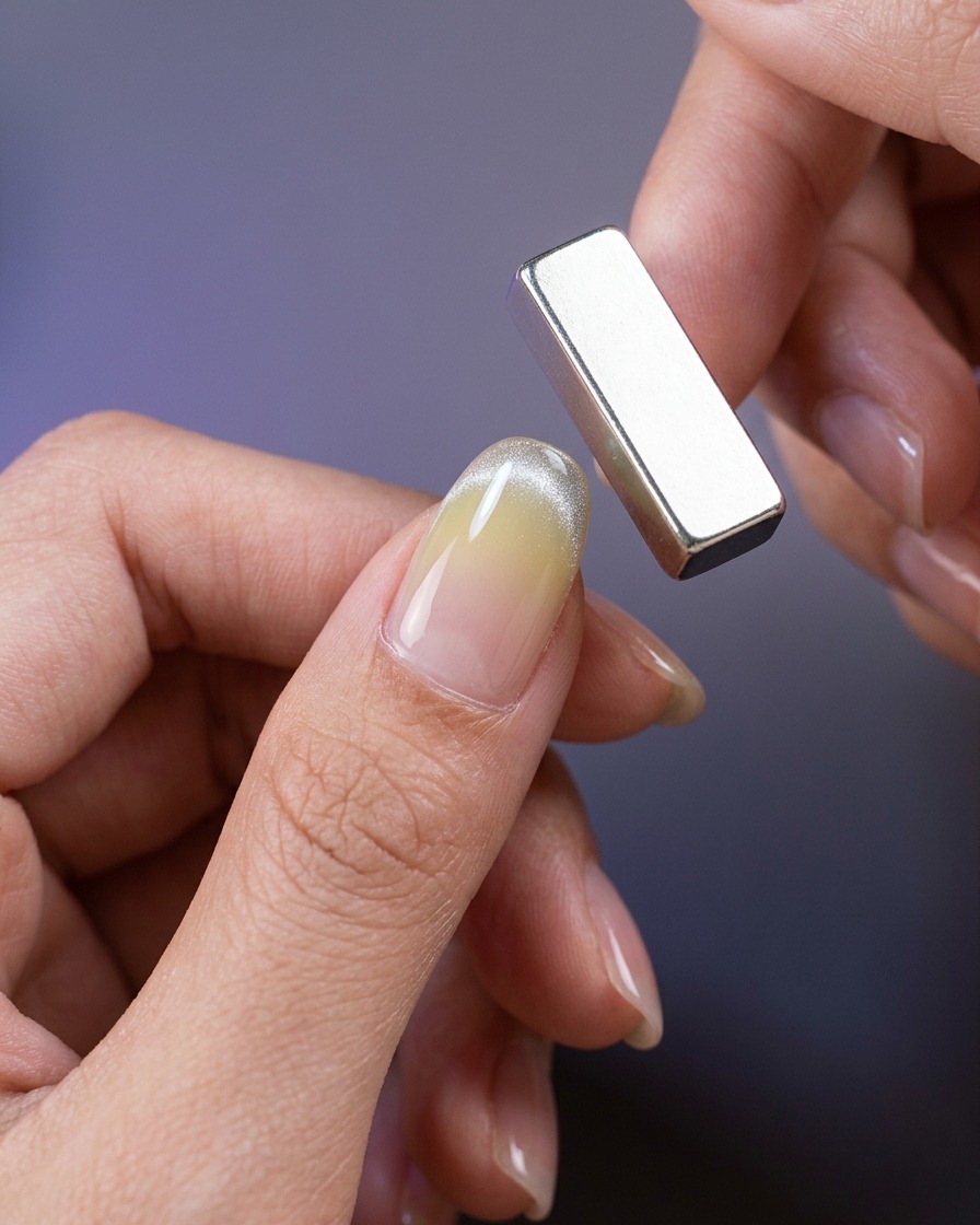 細いスティック型マグネットを使い、爪先で光をシャープなラインに引き寄せている様子。