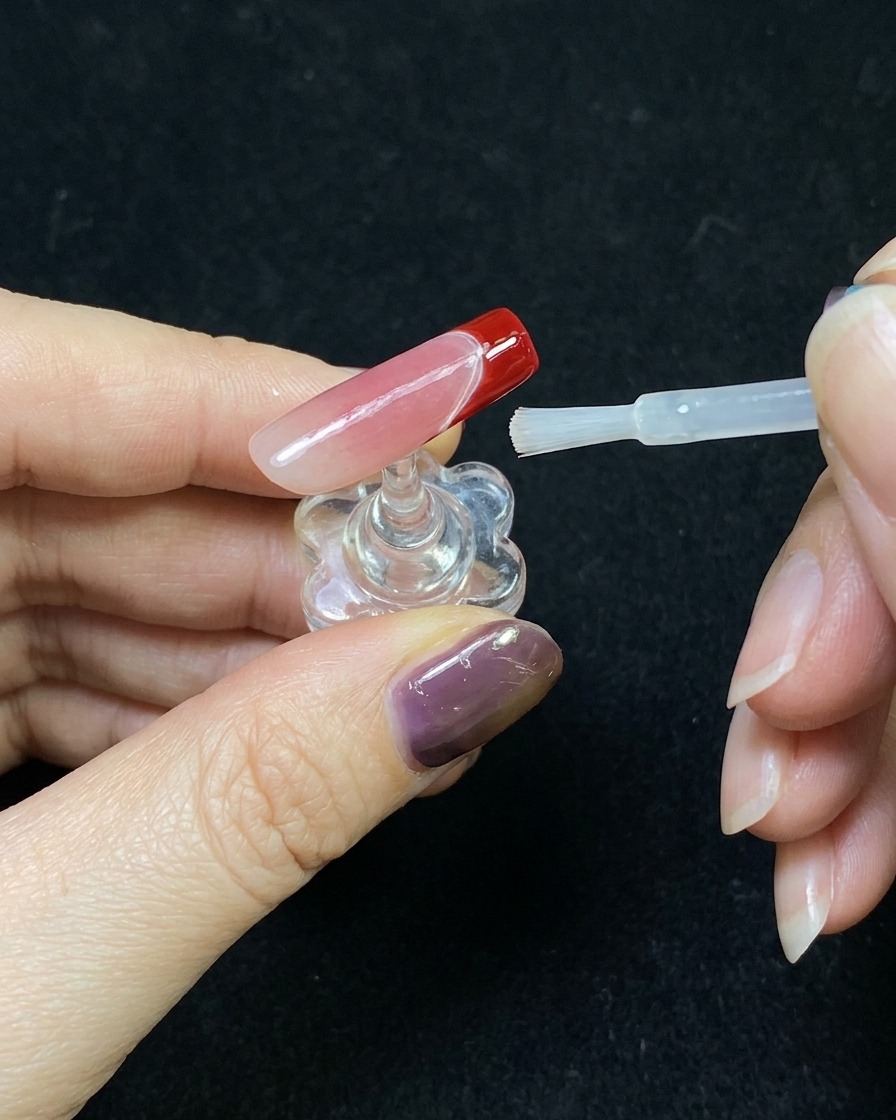 フレンチネイルの仕上げにトップコートを塗っている様子。