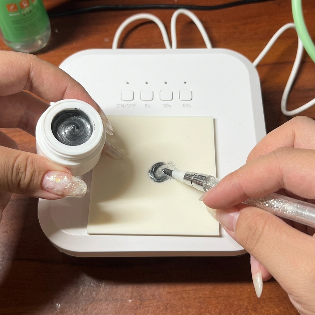 ピンセットで小さな虹色のシェルフレークを掴んでいる様子。