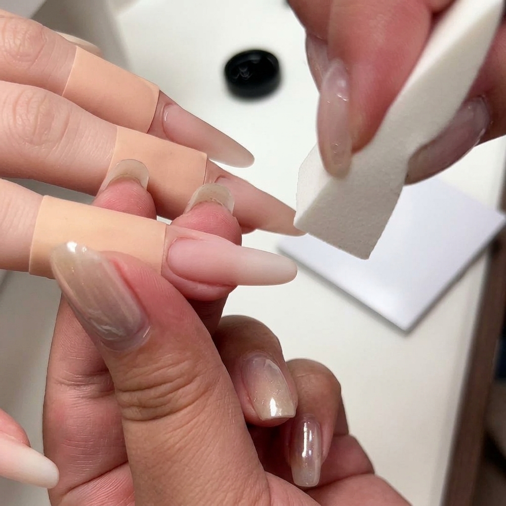 バッファーを使用して硬化済みのジェルネイル表面を滑らかに整えている様子