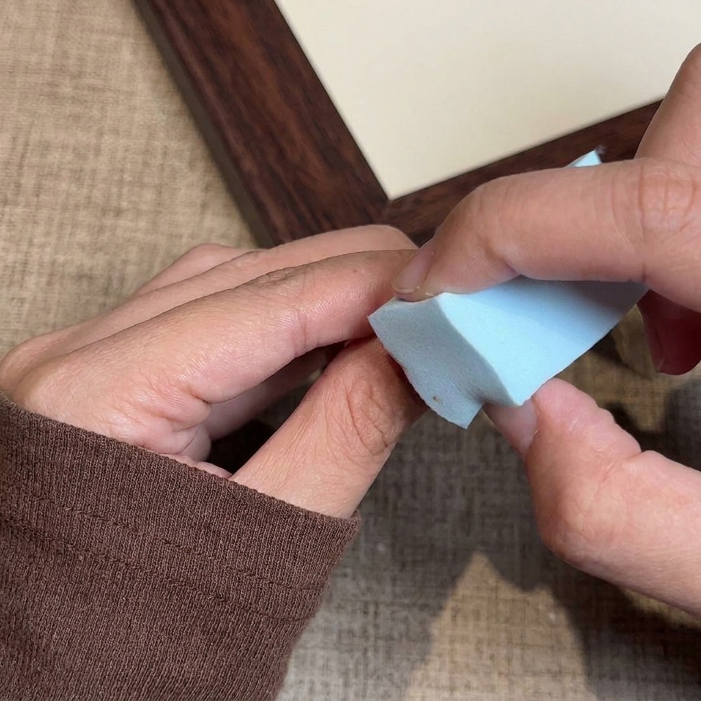 メイク用スポンジを使って、爪にジェルを叩き込みグラデーションを作っている様子。