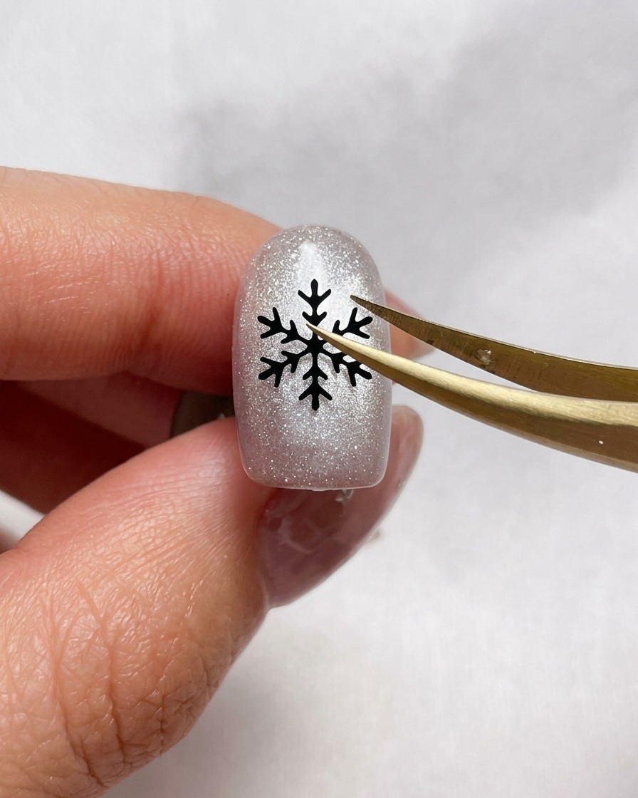 シルバーのラメネイルの上に、ピンセットで小さな黒い雪の結晶ステッカーを乗せている様子。