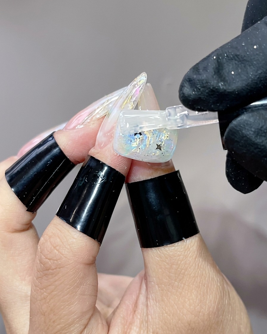 星型ホログラムを乗せたネイルデザインに、最後の艶出しトップコートをブラシで塗っている様子。