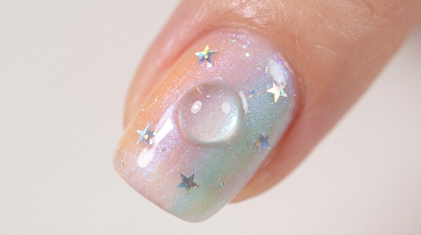 星のホログラムと立体的な水滴アートをあしらった、幻想的なオーロラサンセット・グラデーションネイル。