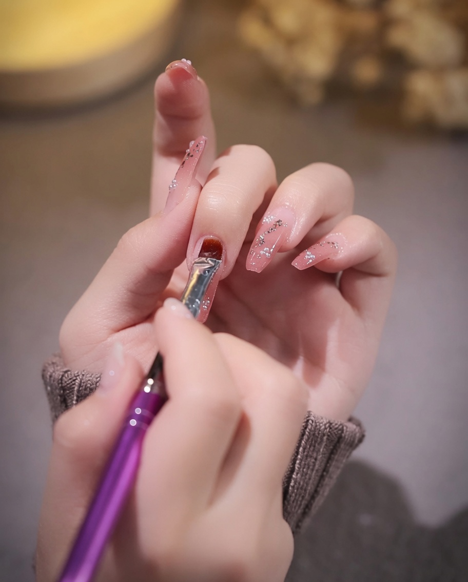 金箔とストーンを載せたネイルにクリアグロストップコートを塗っている様子