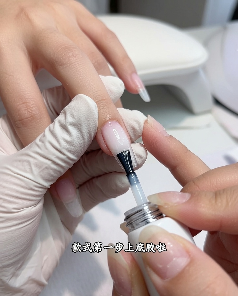 ネイルブラシでクリアベースジェルを爪全体に塗っている様子。