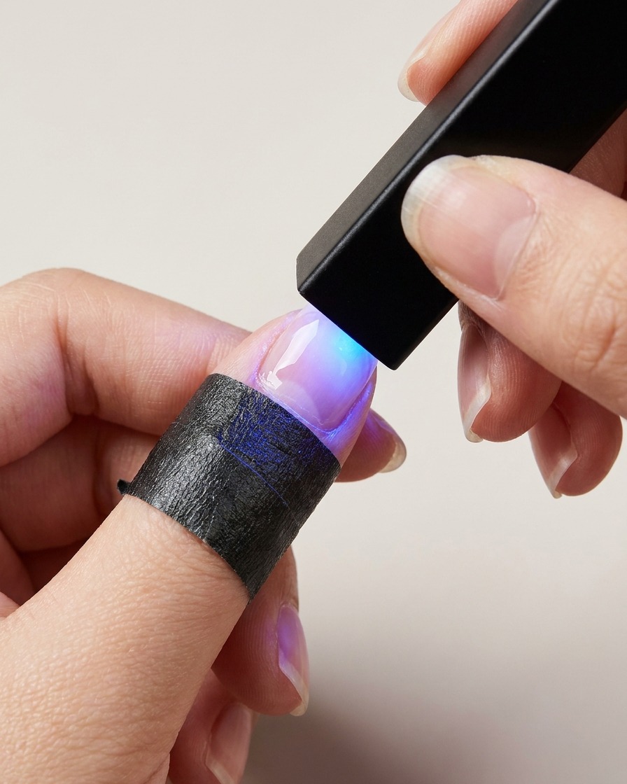 小型の黒いUV/LEDハンディライトを爪にかざして硬化させている様子。