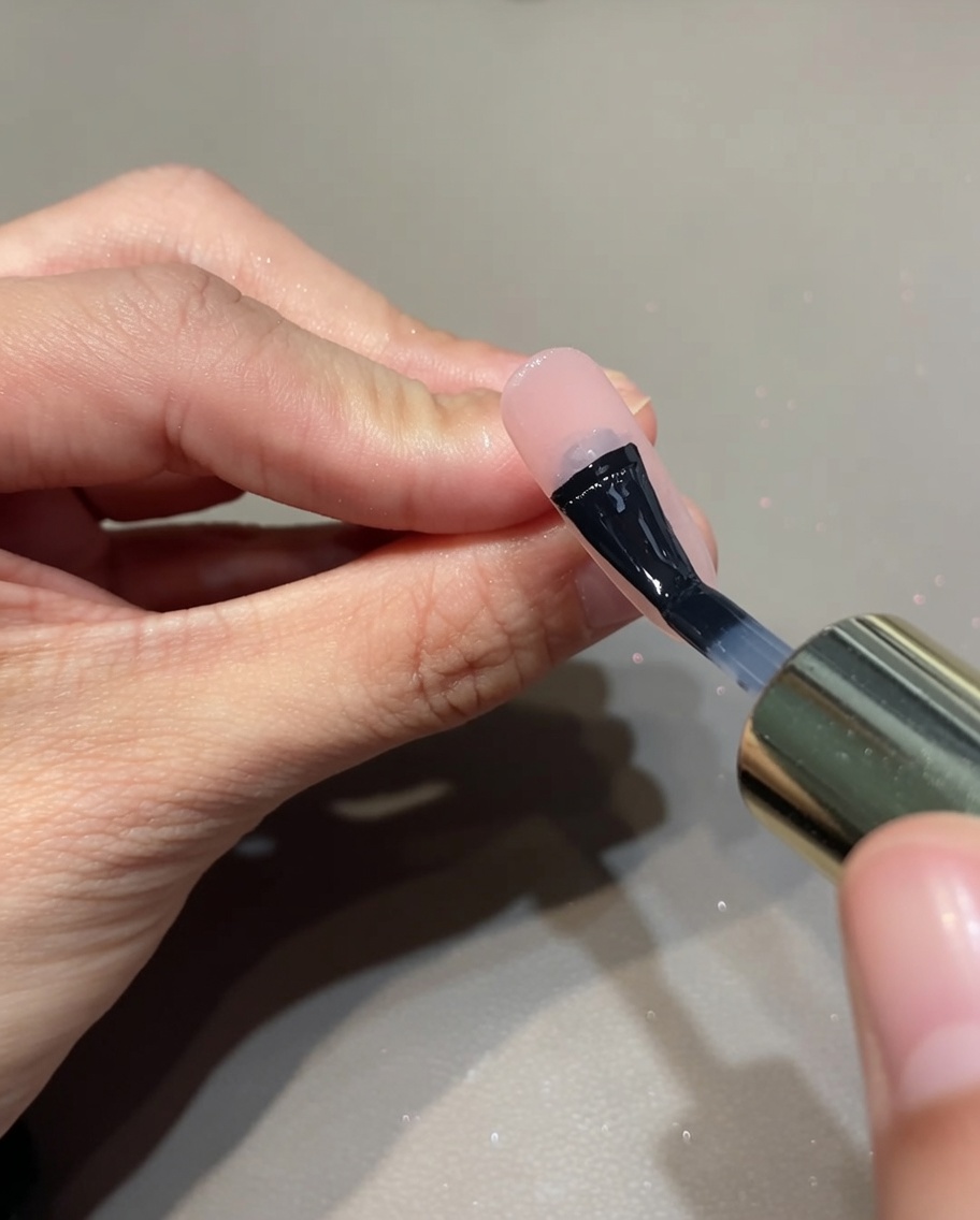 爪に透明なベースコートジェルをブラシで塗布している様子。