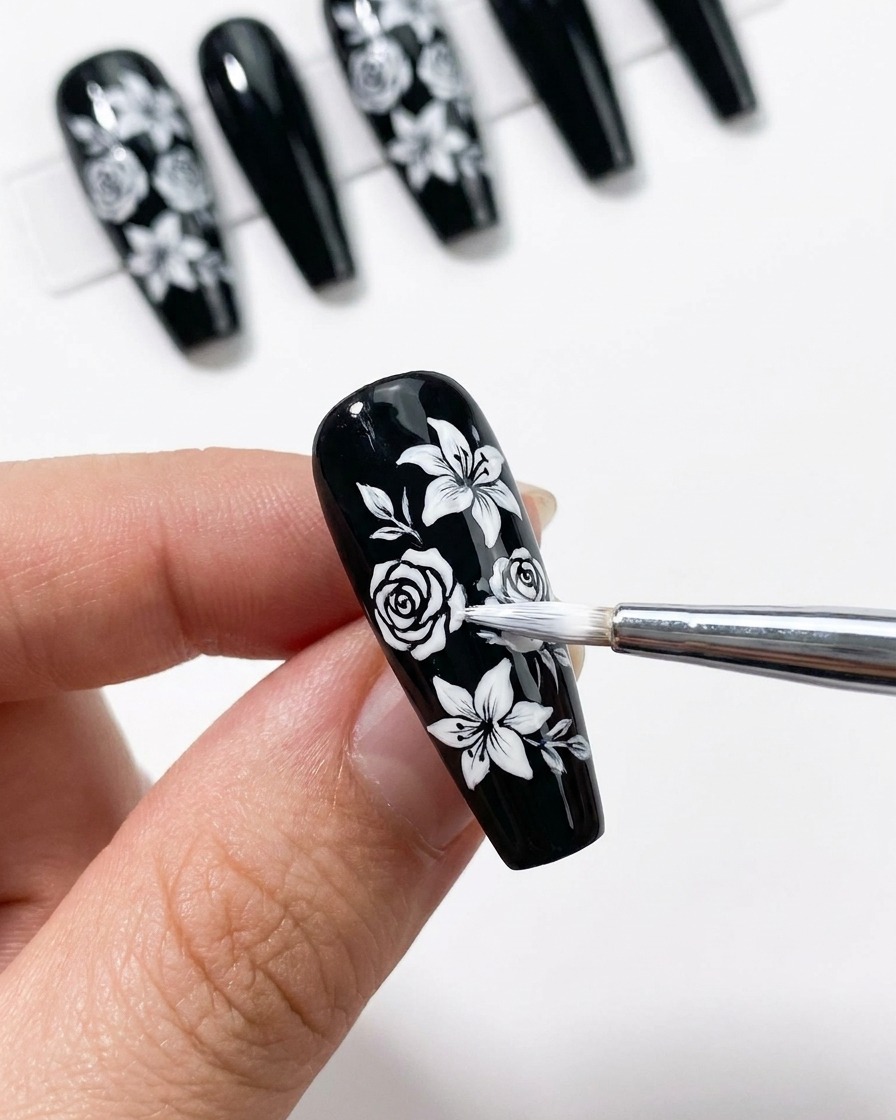 黒いネイルの余白を埋めるように、繊細な白い渦巻き状のフィリグリー模様を描いているクローズアップ写真。