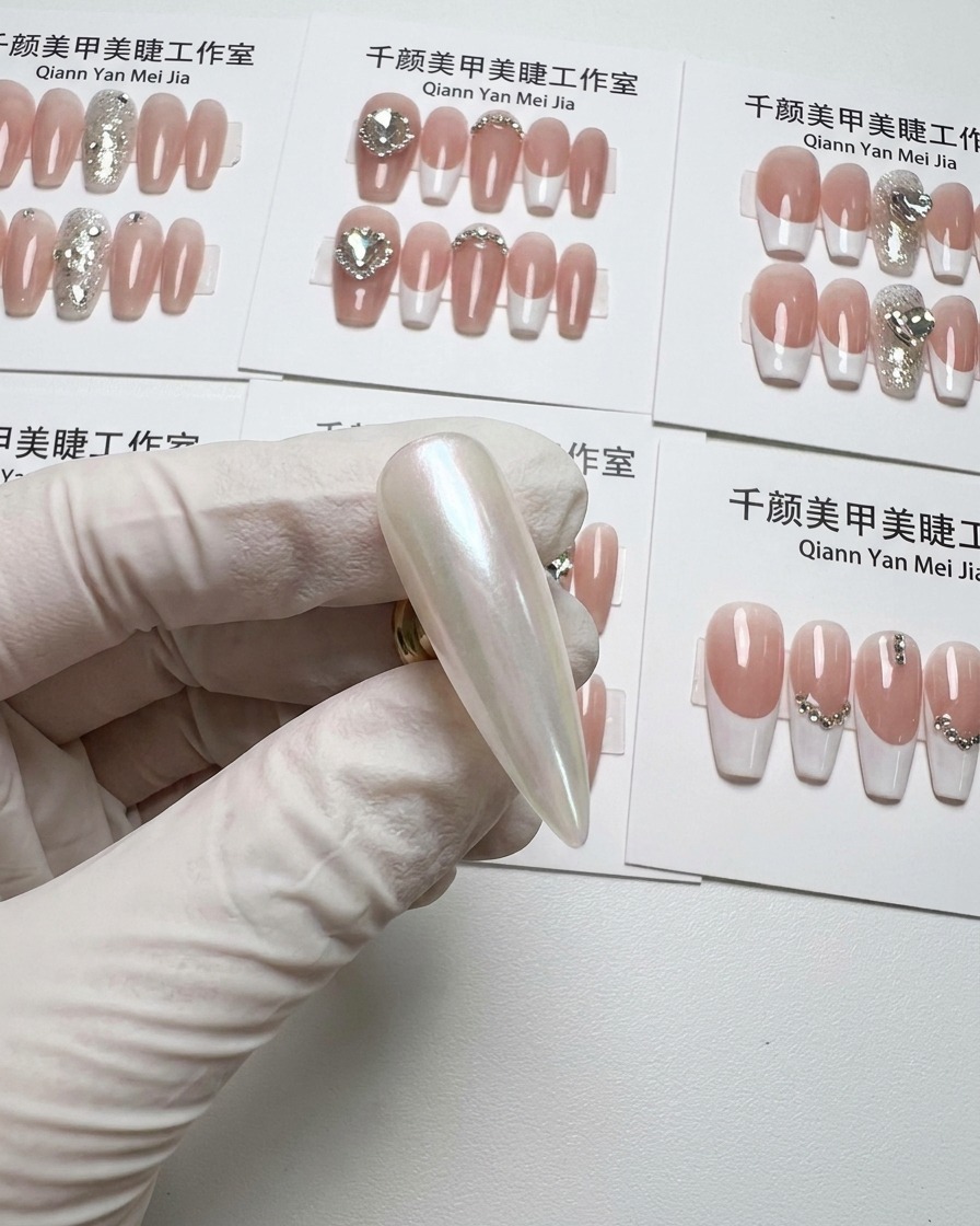 手袋をした手が持っているロングテーパー型のネイルチップの甘皮付近から、ホワイトのエアブラシグラデーションが始まっている。