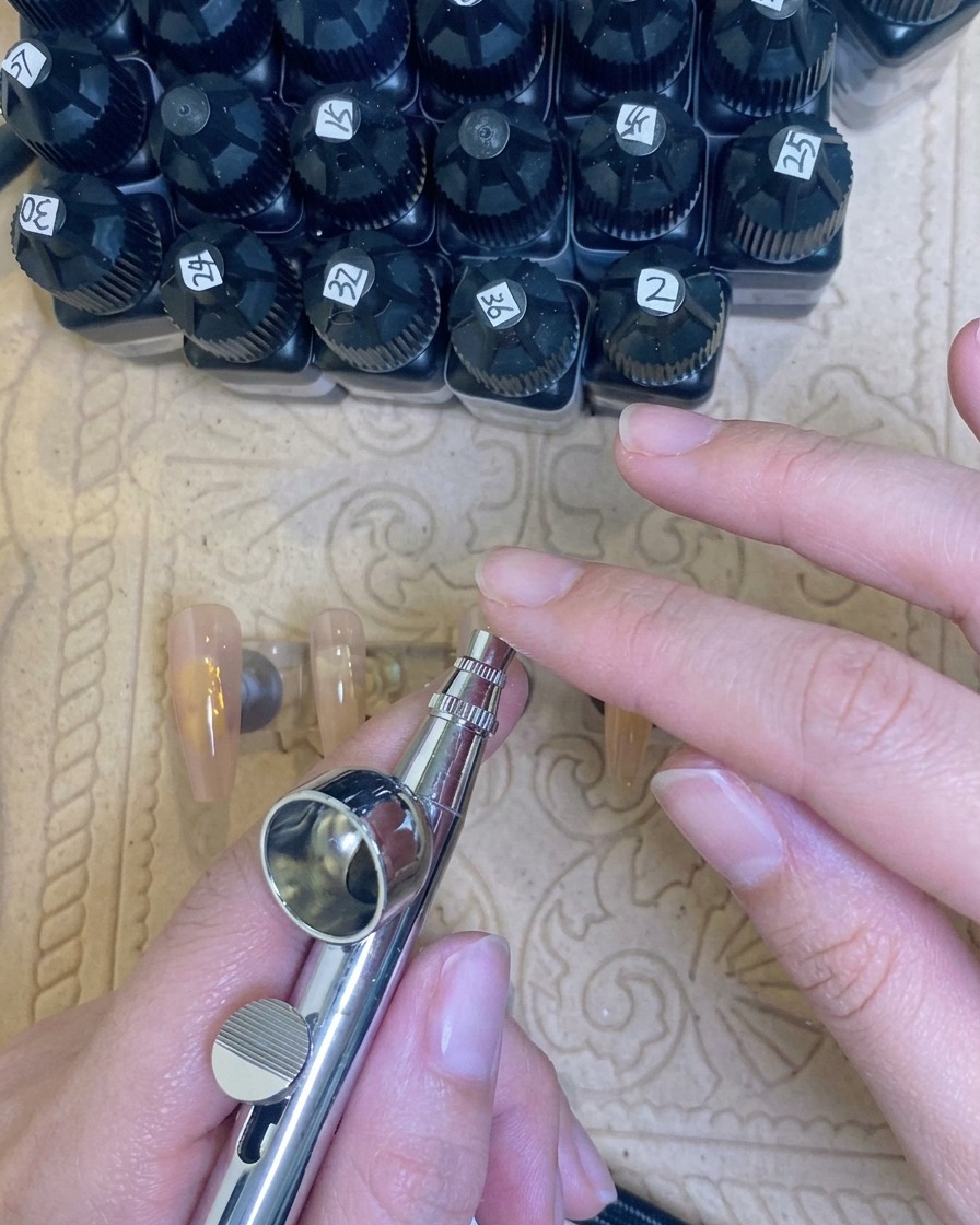 小さなボトルから白い液体顔料をエアブラシツールの金属カップへ注いでいる手。