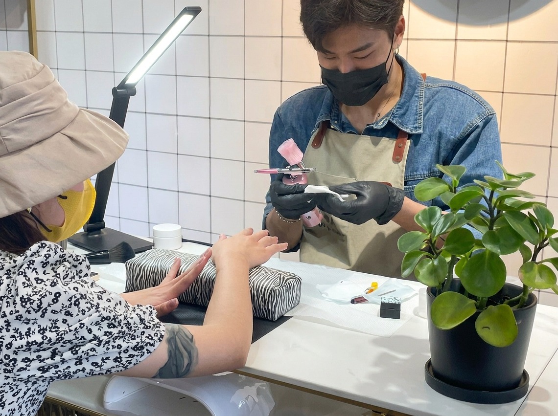 ネイリストがカラーグラデーションを施すために、エアブラシを爪に向けて構えている様子。