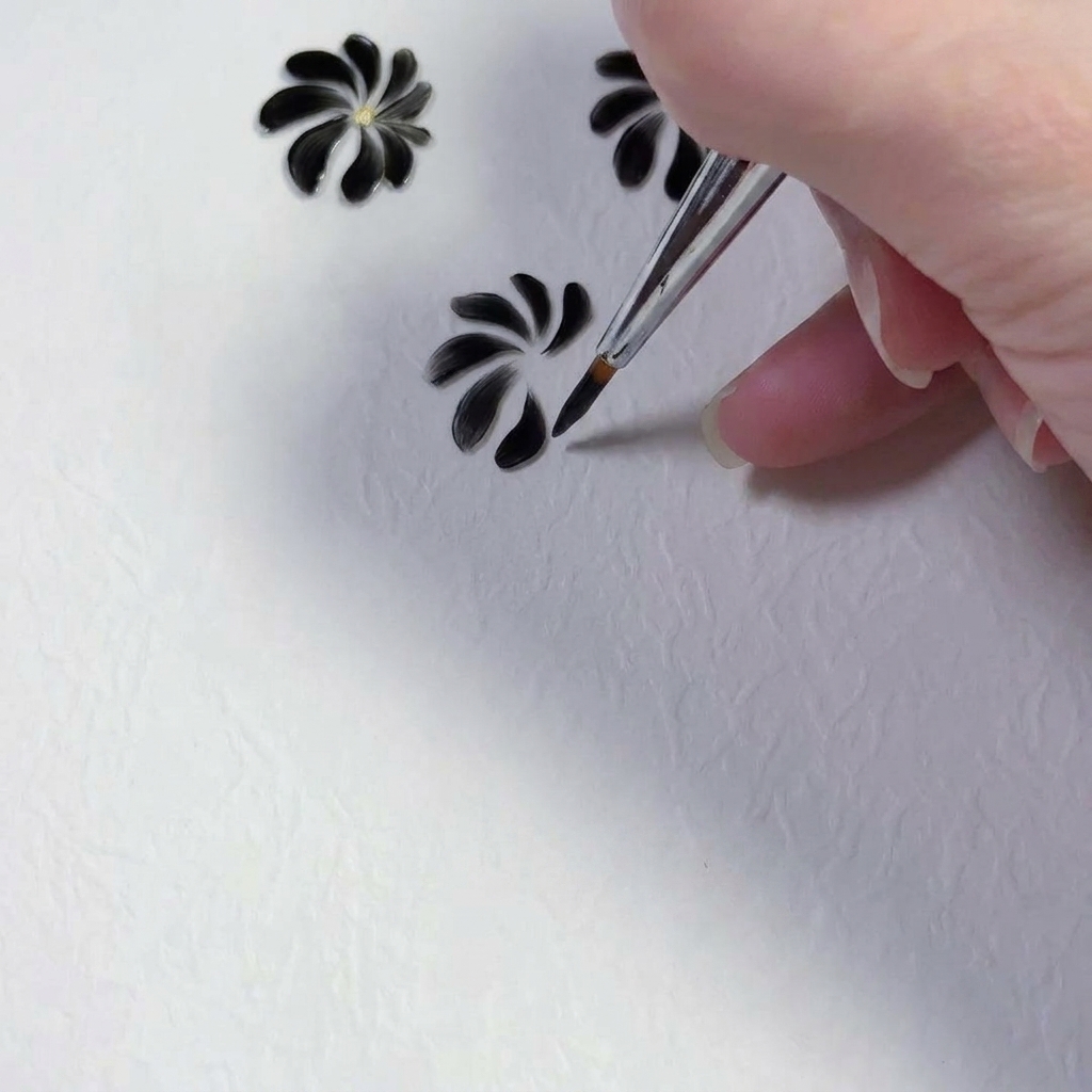 手描きデイジーの花びらストロークを仕上げている細いライナーブラシ。