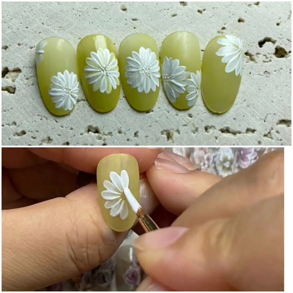 デイジーの形を作るために3枚目の花びらを加えている様子