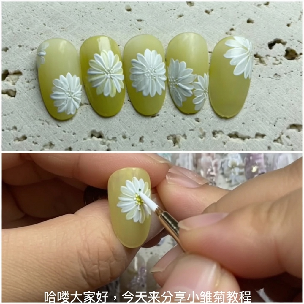 アートブラシでデイジーのデザインにさらに白い花びらを追加している様子