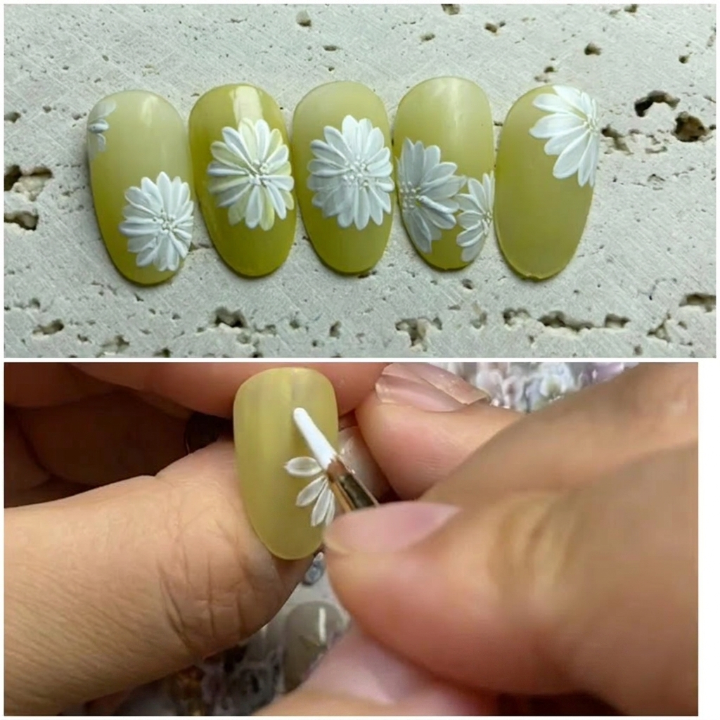 デイジーが描かれた爪をUV/LEDネイルランプの中に入れている手