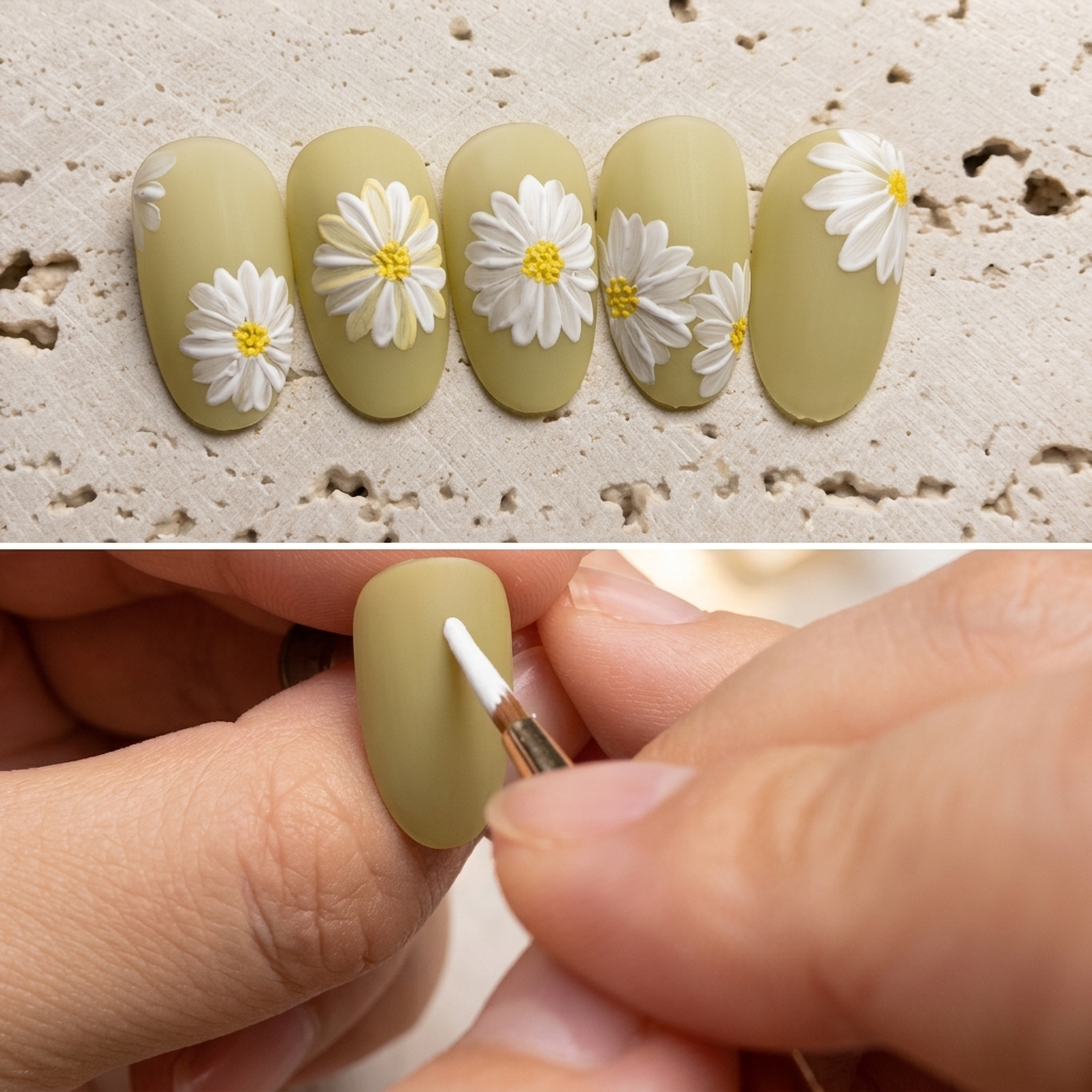 白で描かれたデイジーの花びらの上に、透け感のあるイエローのベースカラーを薄く塗布している様子