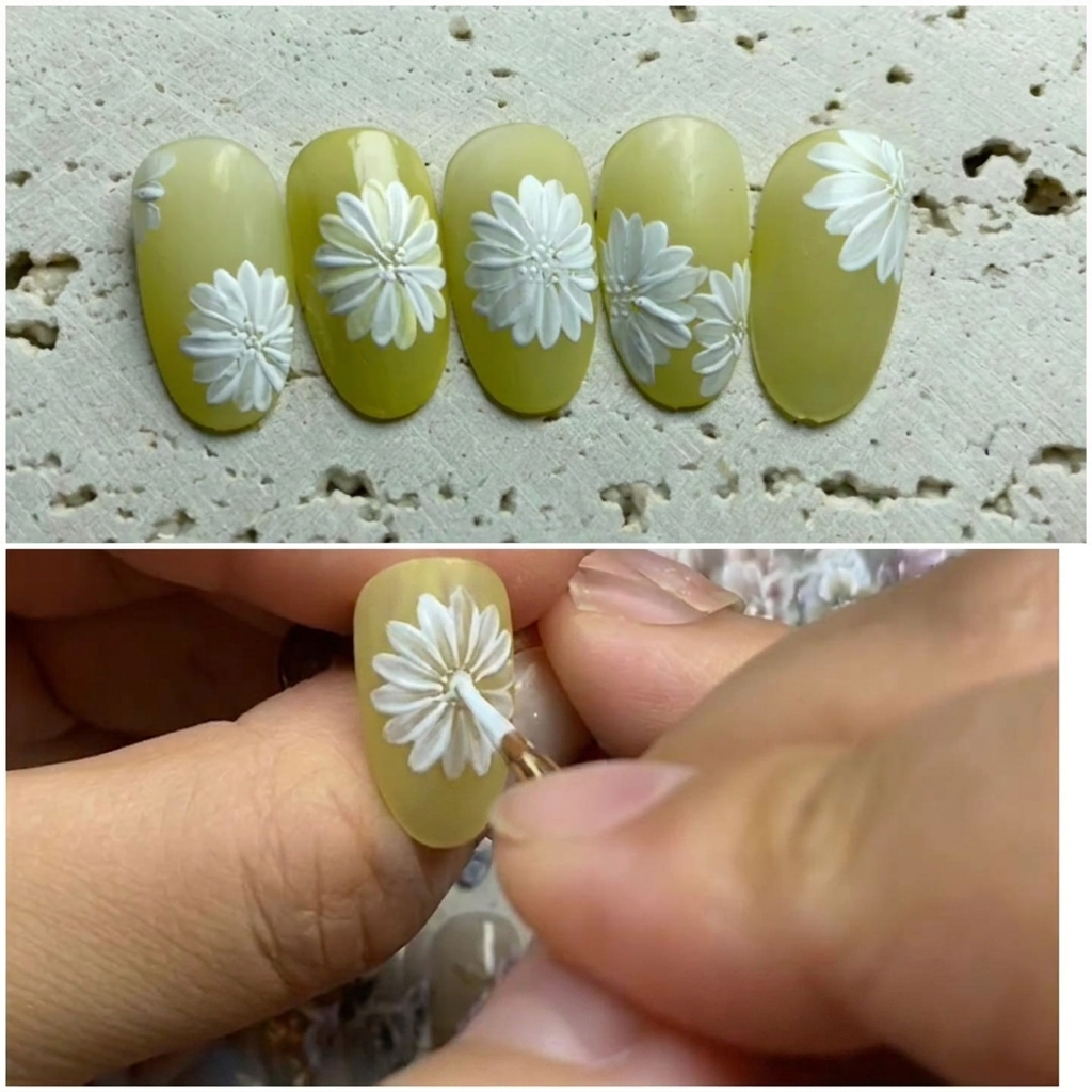 イエローのベース上で、すでにある花びらの間にブラシで白い花びらを追加しデイジーを完成させている様子