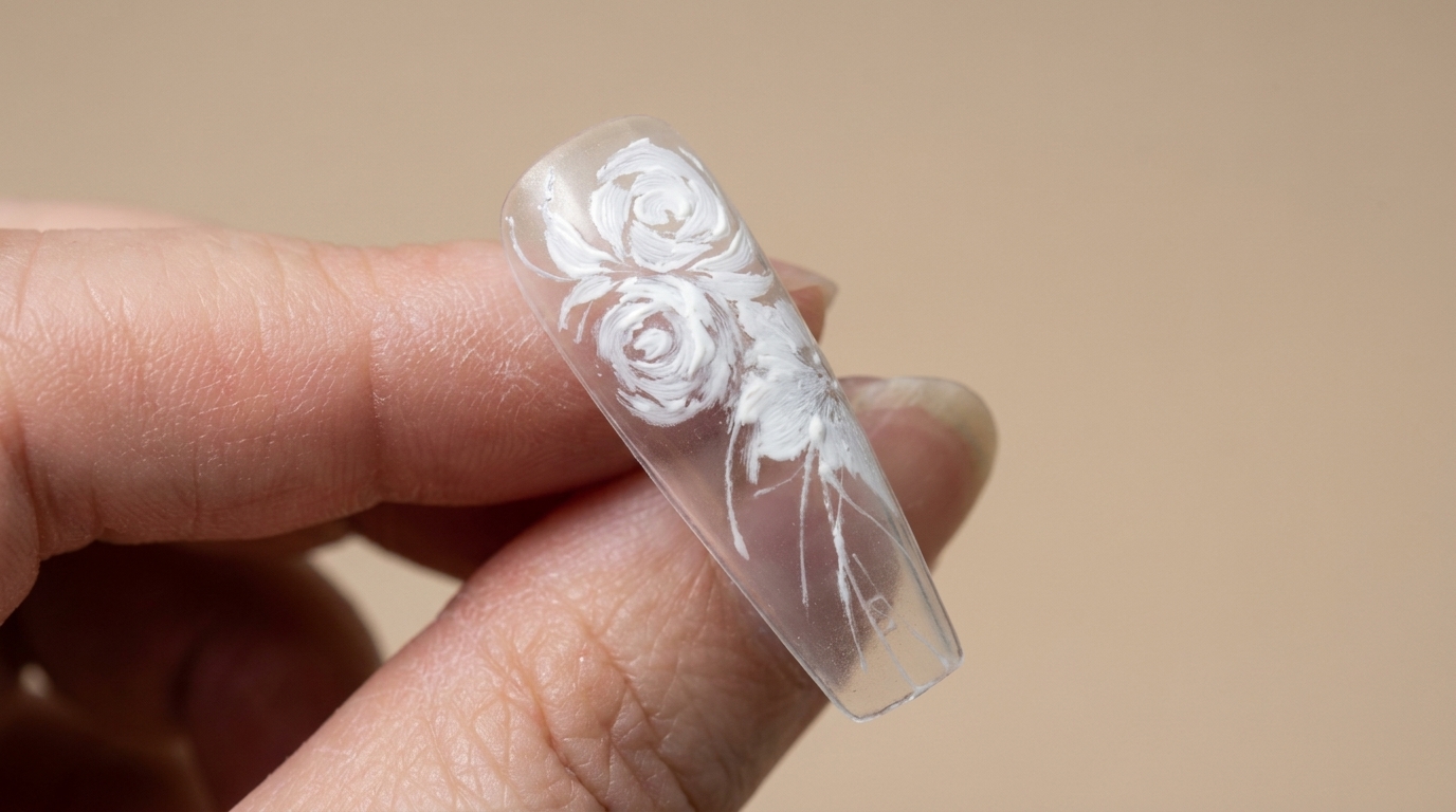 立体感のある手描きのホワイトローズと繊細なフラワーアクセントが施された、クリアなロングネイル。