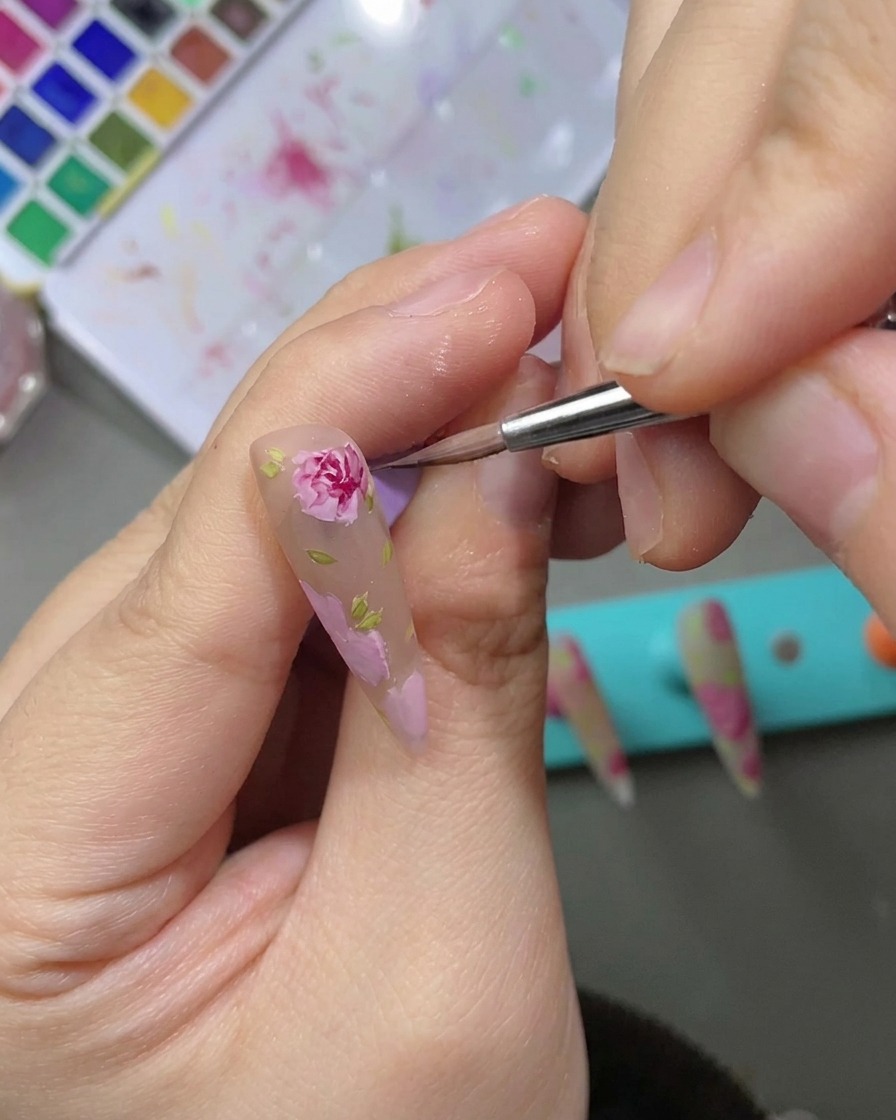 バラのアートの奥まった部分に、濃い赤の水彩絵の具で陰影をつけて立体感を出している様子。