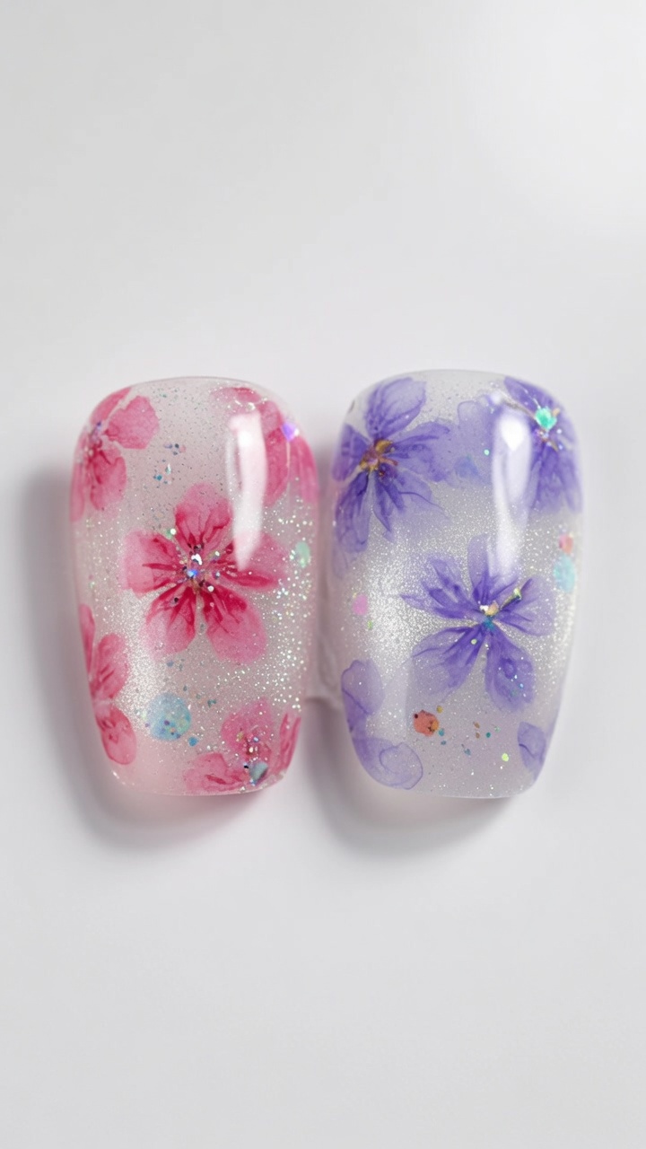 氷のような透け感のマグネットネイルに、ピンクとパープルの水彩画風の桜をあしらったデザイン。