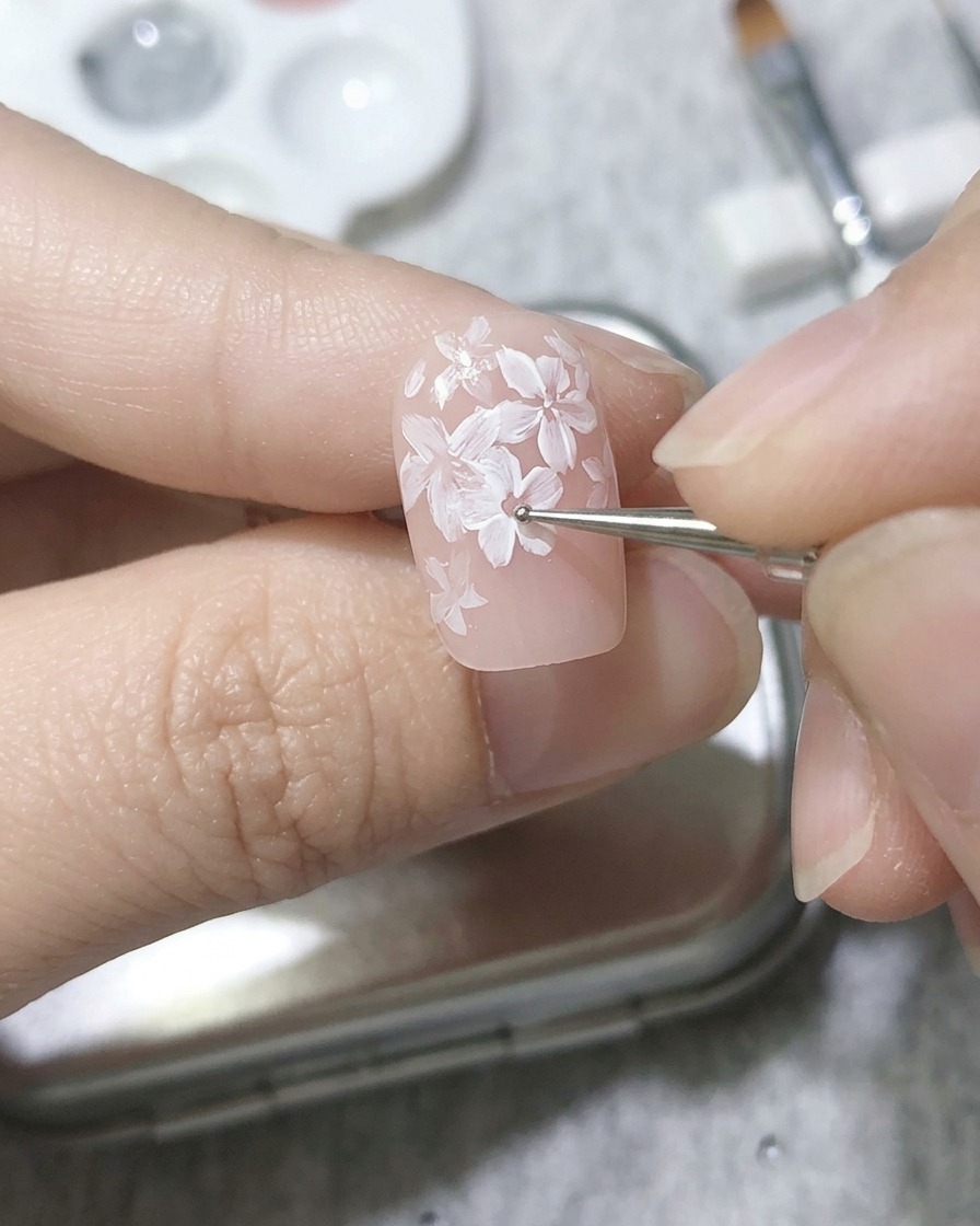 すべての花にピンクの中心点を入れて完成に近づけている様子