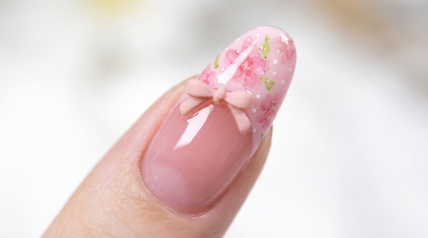 淡いピンクのジェルベースに、パステルピンクのフレンチと水彩画風の桜、3Dリボンをあしらったアーモンドシェイプのネイル。