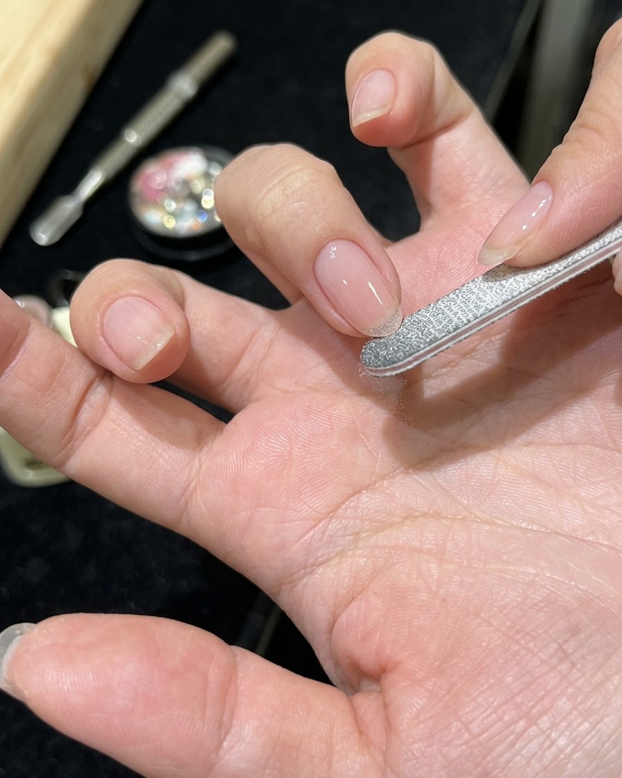 自爪にシアーピンクジェルを塗布している手元のクローズアップ。