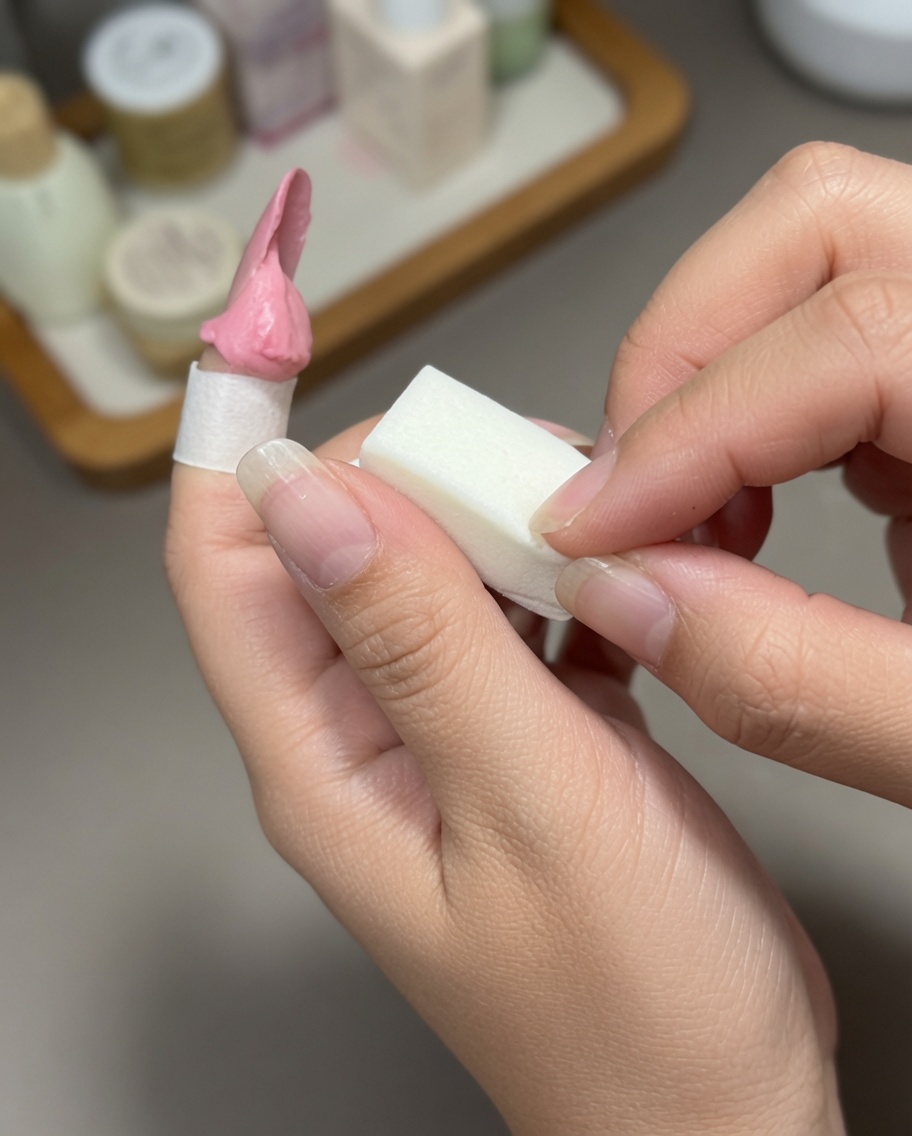 小さなスポンジを使って、爪のピンクのジェルをポンポンと叩いてグラデーションにしている様子。