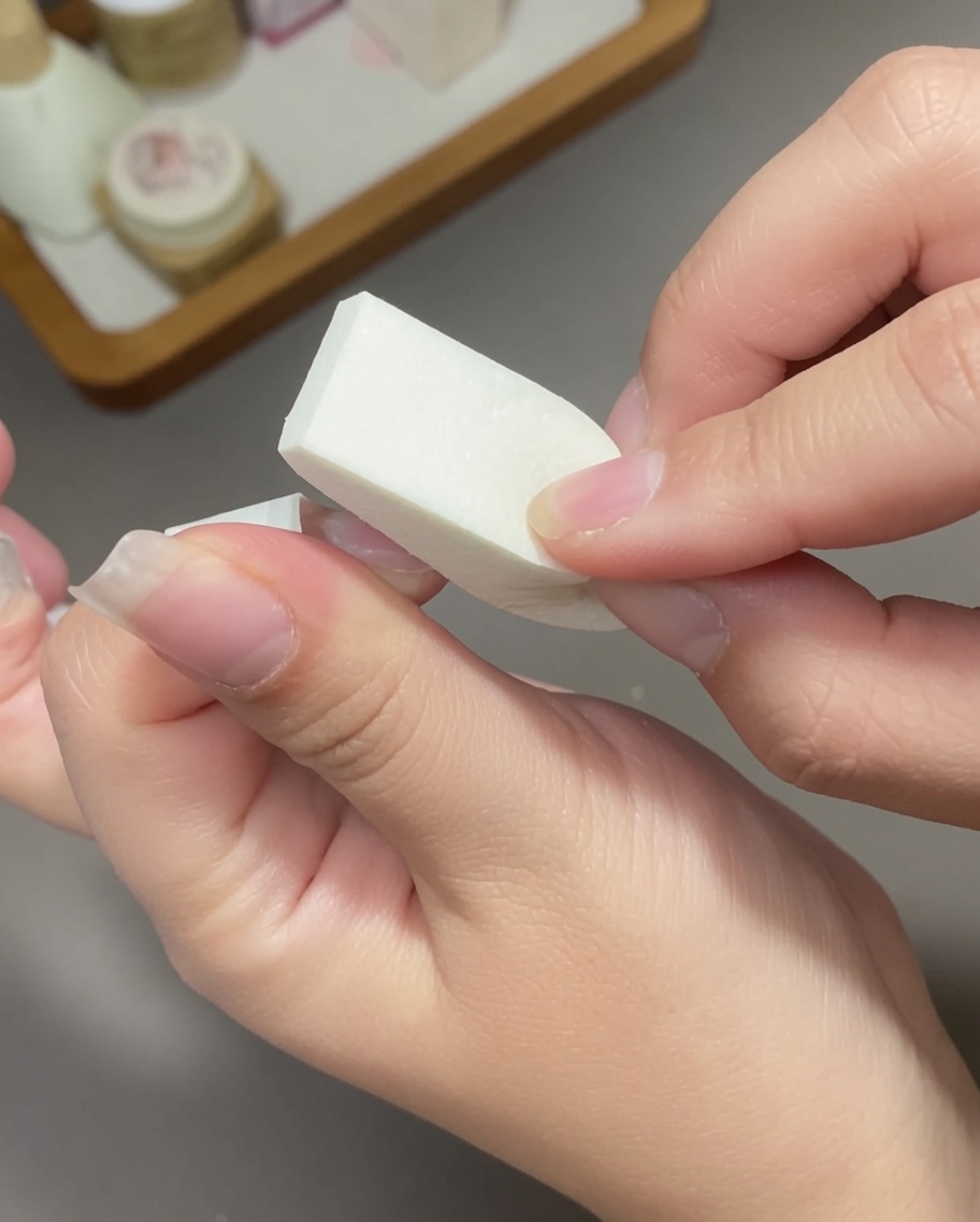 スポンジを使って、爪先に2層目のピンクジェルを叩き込み、グラデーションを強めている様子。