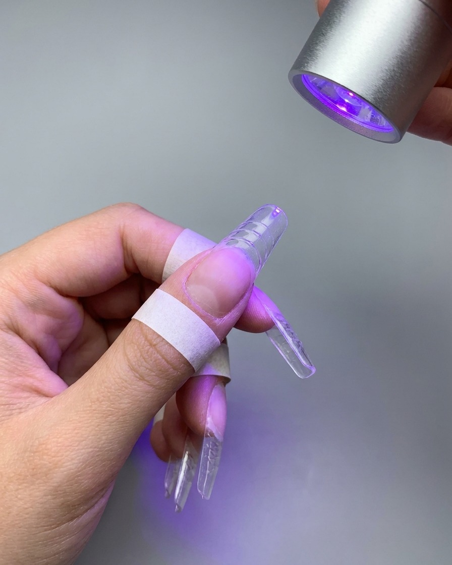 シルバーのハンディUV/LEDライトを使い、ピンクのグラデーションを硬化させている様子。