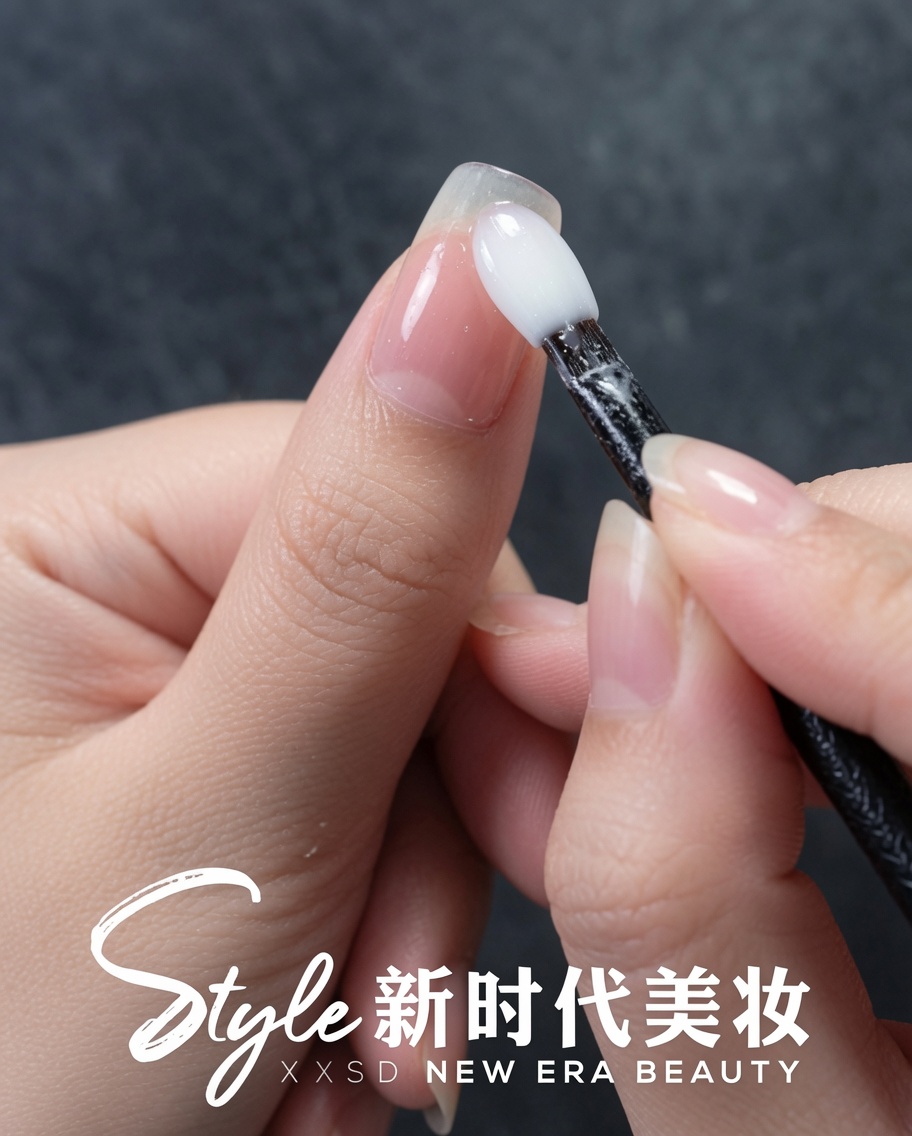 スポンジチップを使って、凹凸のあるネイルにパールクロムパウダーをポンポンと乗せている様子。