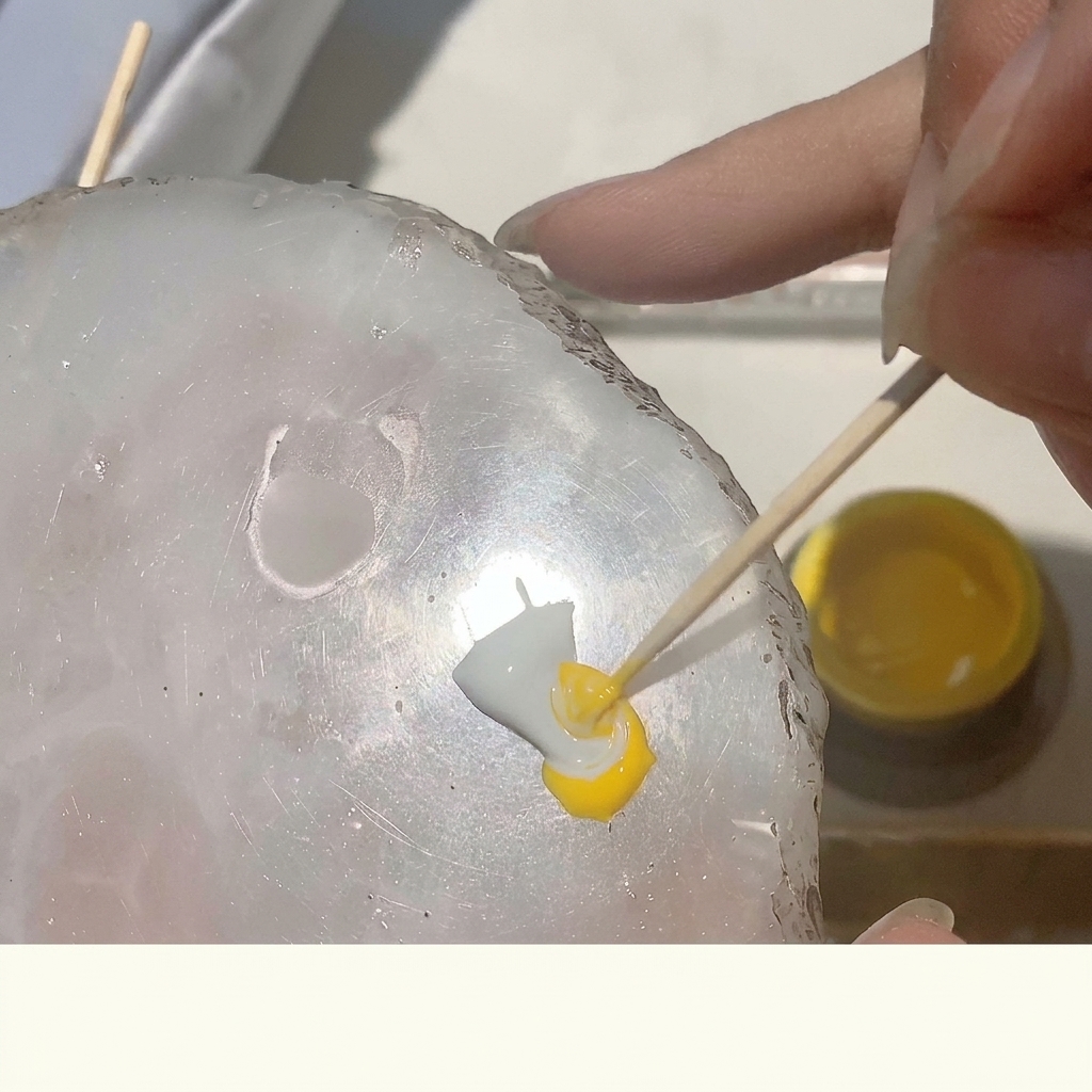 ガラスパレットの上でホワイトとイエローのジェルをウッドスティックで混ぜている様子