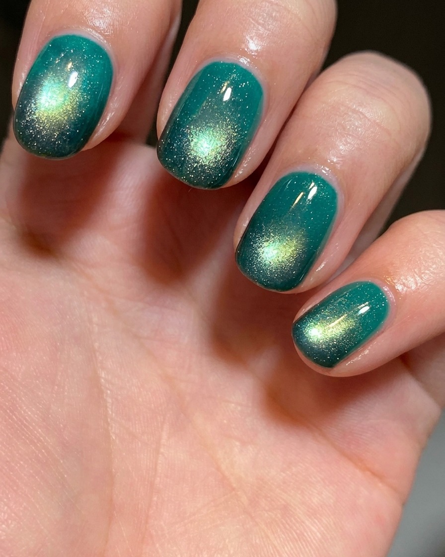 シンプルな背景をバックに、レイクグリーンのキャッツアイジェルポリッシュのボトルを持っている手。