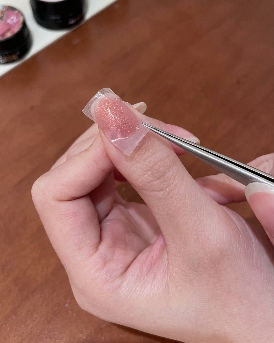 ピンセットで慎重にステッカーを剥がし、蝶の模様が現れている様子。
