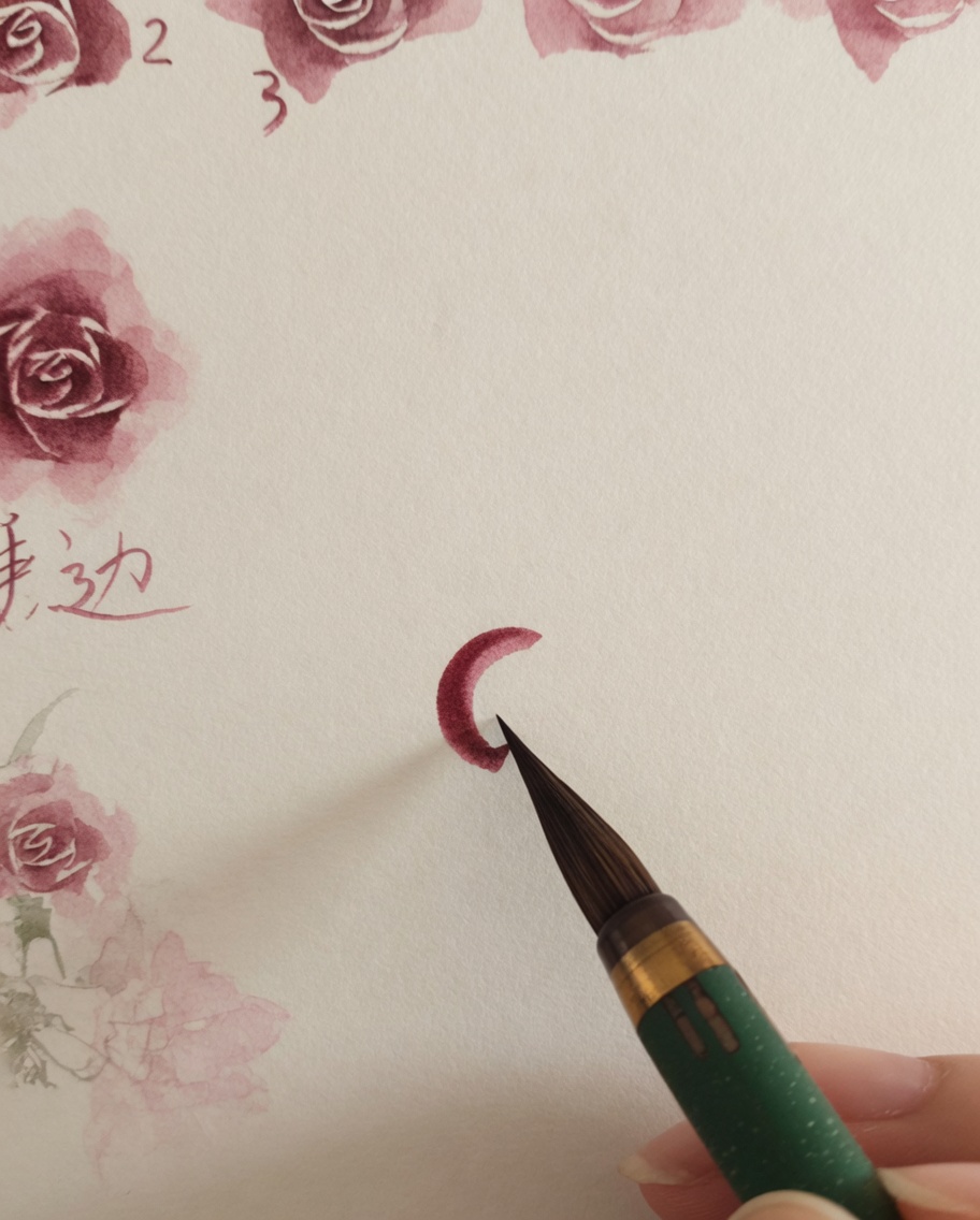 中心に描いたバラの周りに水彩筆で小さく細いピンクの線を描き足している様子。