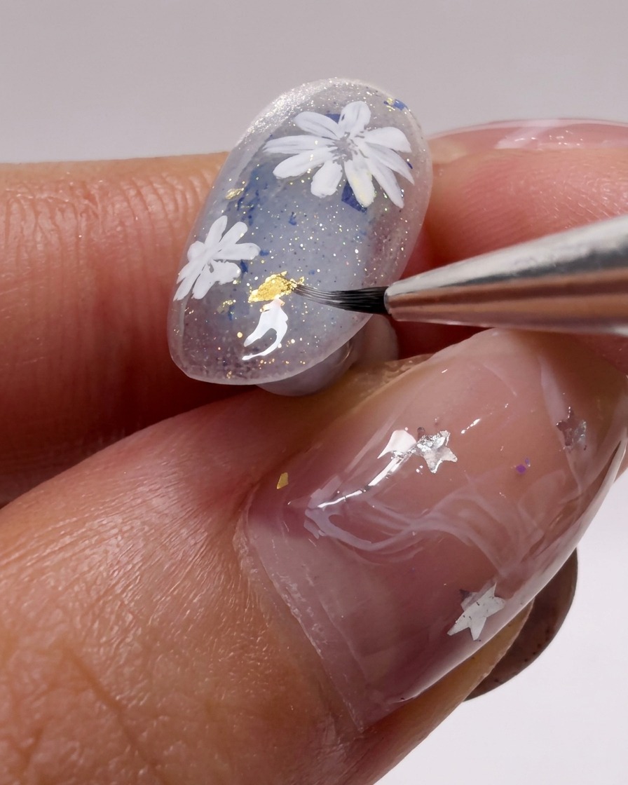 マクロ撮影で花びらのディテールを丁寧に描き加えている様子。