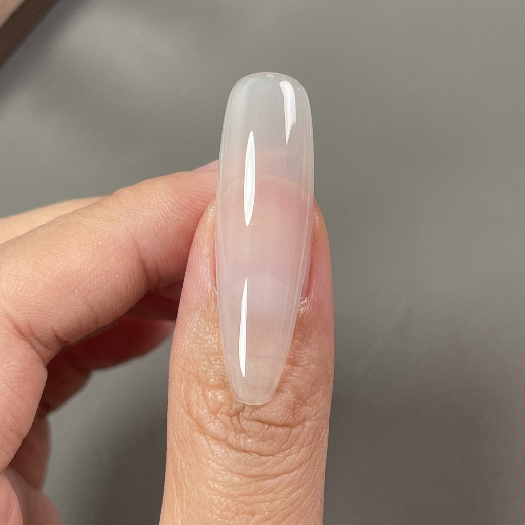 ネイルに透明な艶やかなトップコートを塗布している様子。