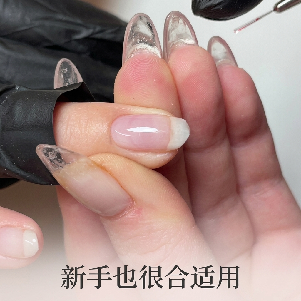 プロ用のLEDライトでジェルネイルを硬化させている手。