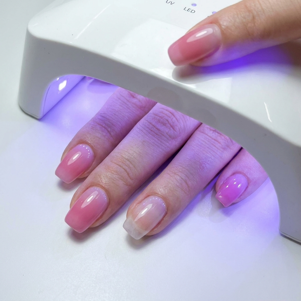 ジェルを塗った手を白いUV/LEDネイルライトに入れ、青い光が指先を照らしている様子。