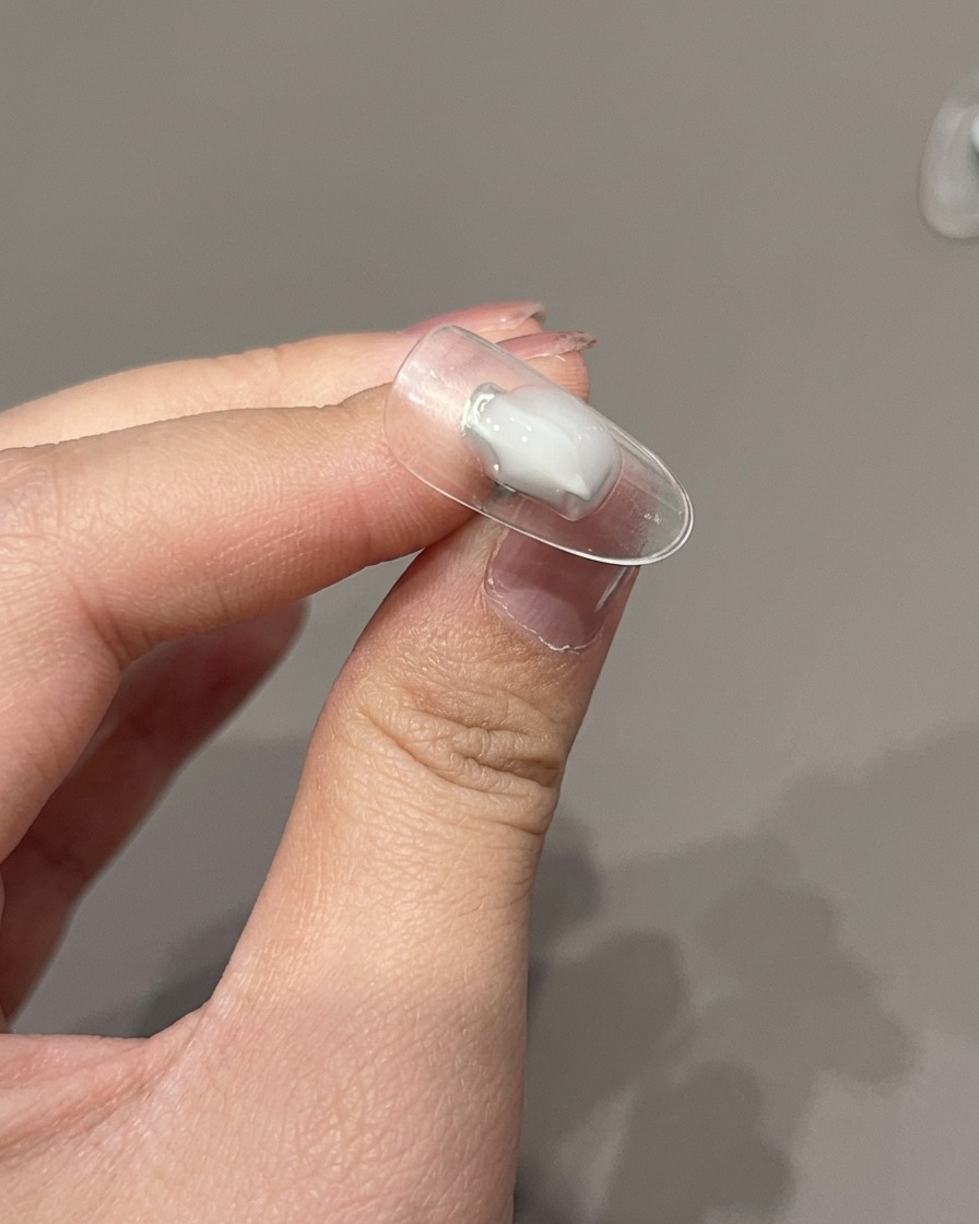 アートが施された爪に、最後の一塗りとしてトップジェルを塗っている様子。