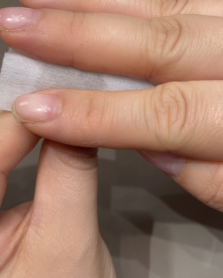 指先でホワイトのワイプを持ち、硬化したネイル表面のベタつきを優しく拭き取っている様子。