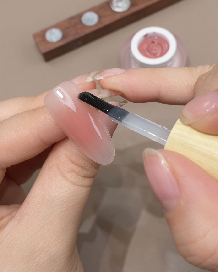 完成したグラデーションネイルに、仕上げのクリアトップジェルを塗っている様子。