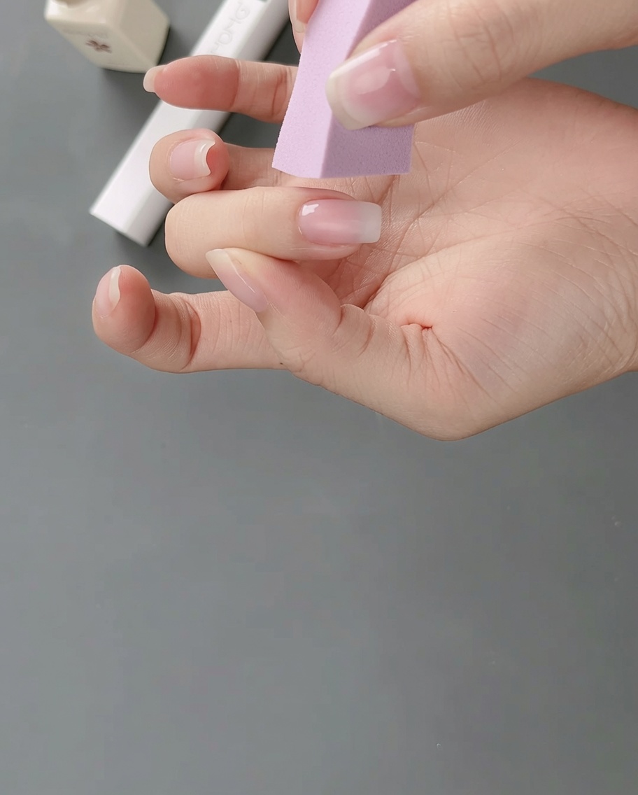 UV/LEDランプの中に手を入れ、グラデーションネイルを硬化させている様子。