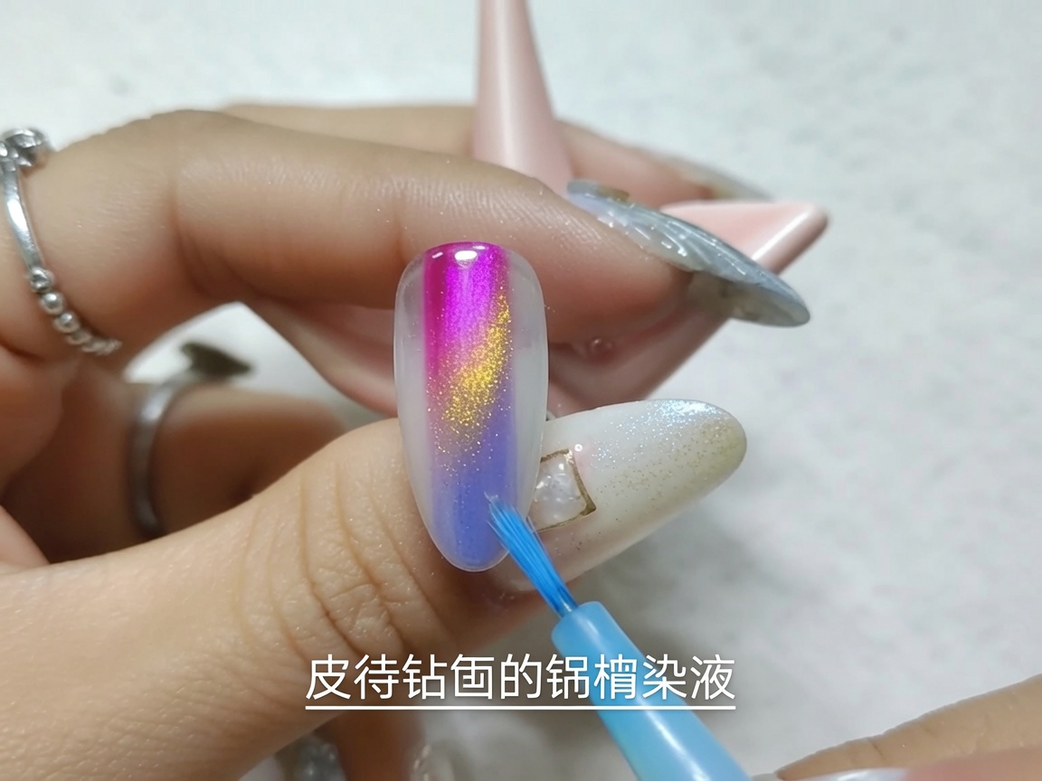 既存の赤いインクの隣に、鮮やかな青色のインクを塗り足している様子。