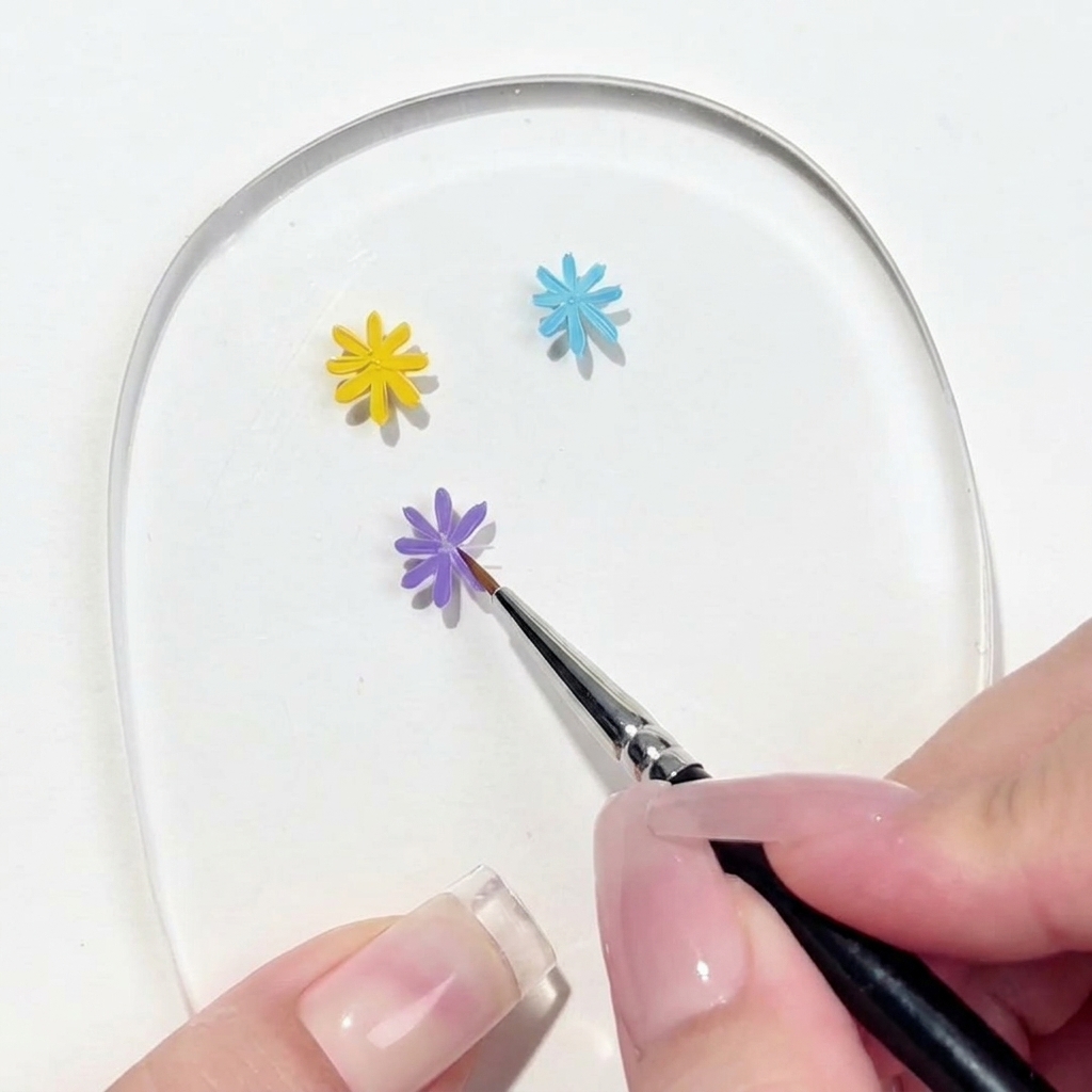クリアなネイルパレット上で、パープルデイジーの最後の花びらを描き終えるディテールブラシのクローズアップ画像。