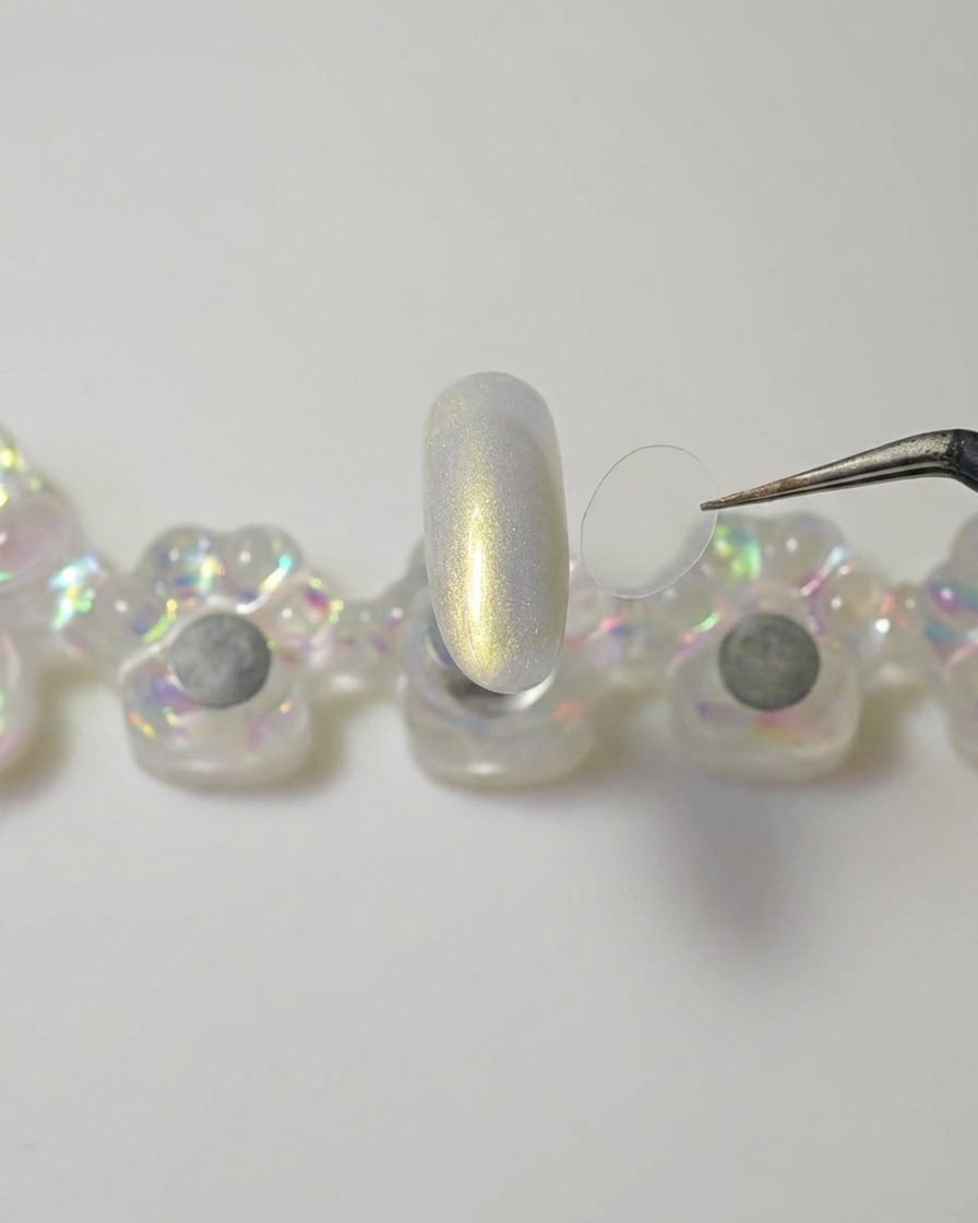 ピンセットでネイルの上に小さな円形の透明プラスチック片を置こうとしている様子。