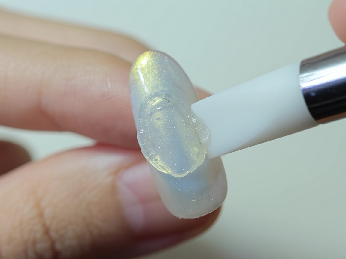 爪のクリアなプラスチックベースの上に、ホワイトジェルを薄く塗っている様子。