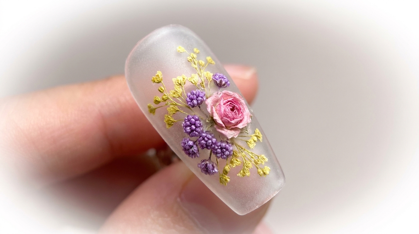 押し花ネイルの埋め込みテクニック — プロ仕様のマットな質感デザイン