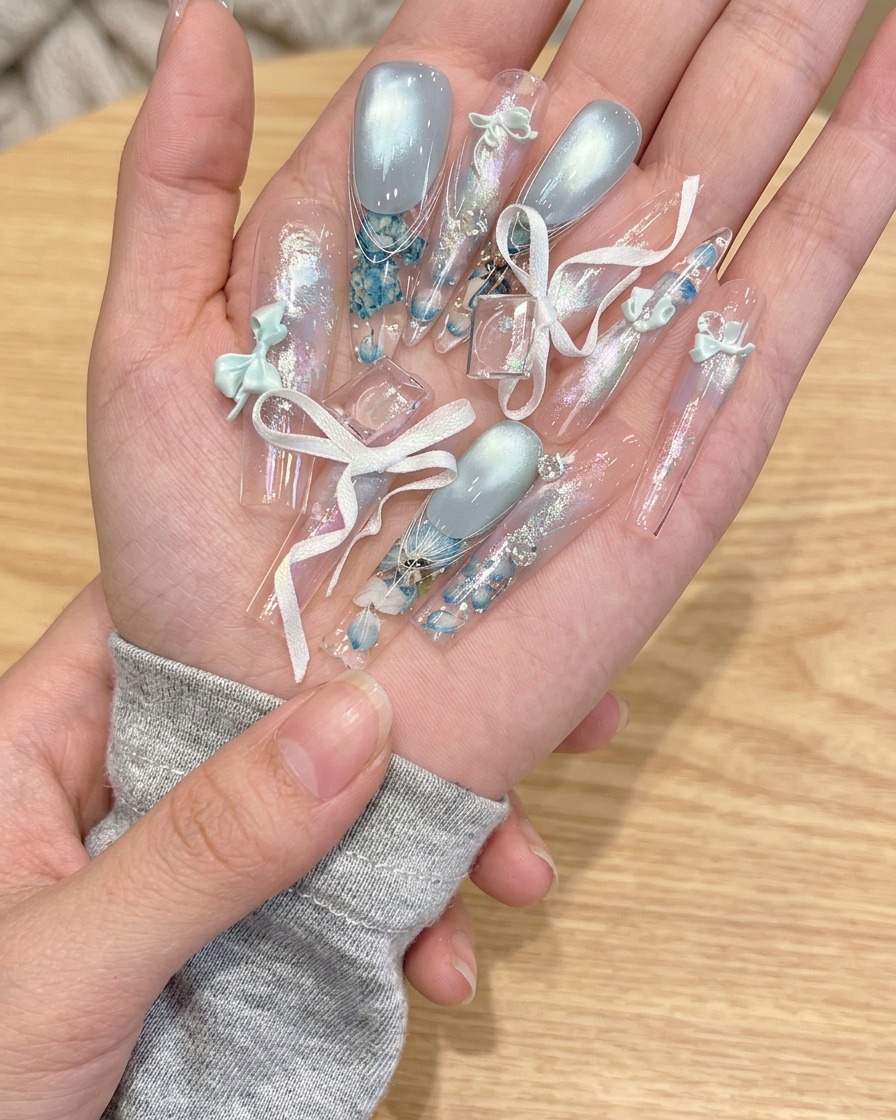 ブラシオンタイプの接着剤でクリアなスティレットネイルチップを自爪に装着している様子。